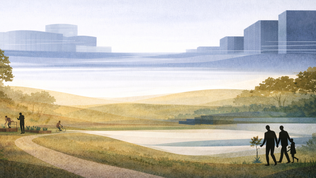 A group of people walking on a path by a body of water.